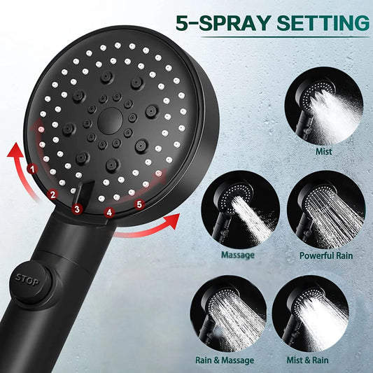5 Modes Adjustable Shower Head High Pressure Water Saving Shower.