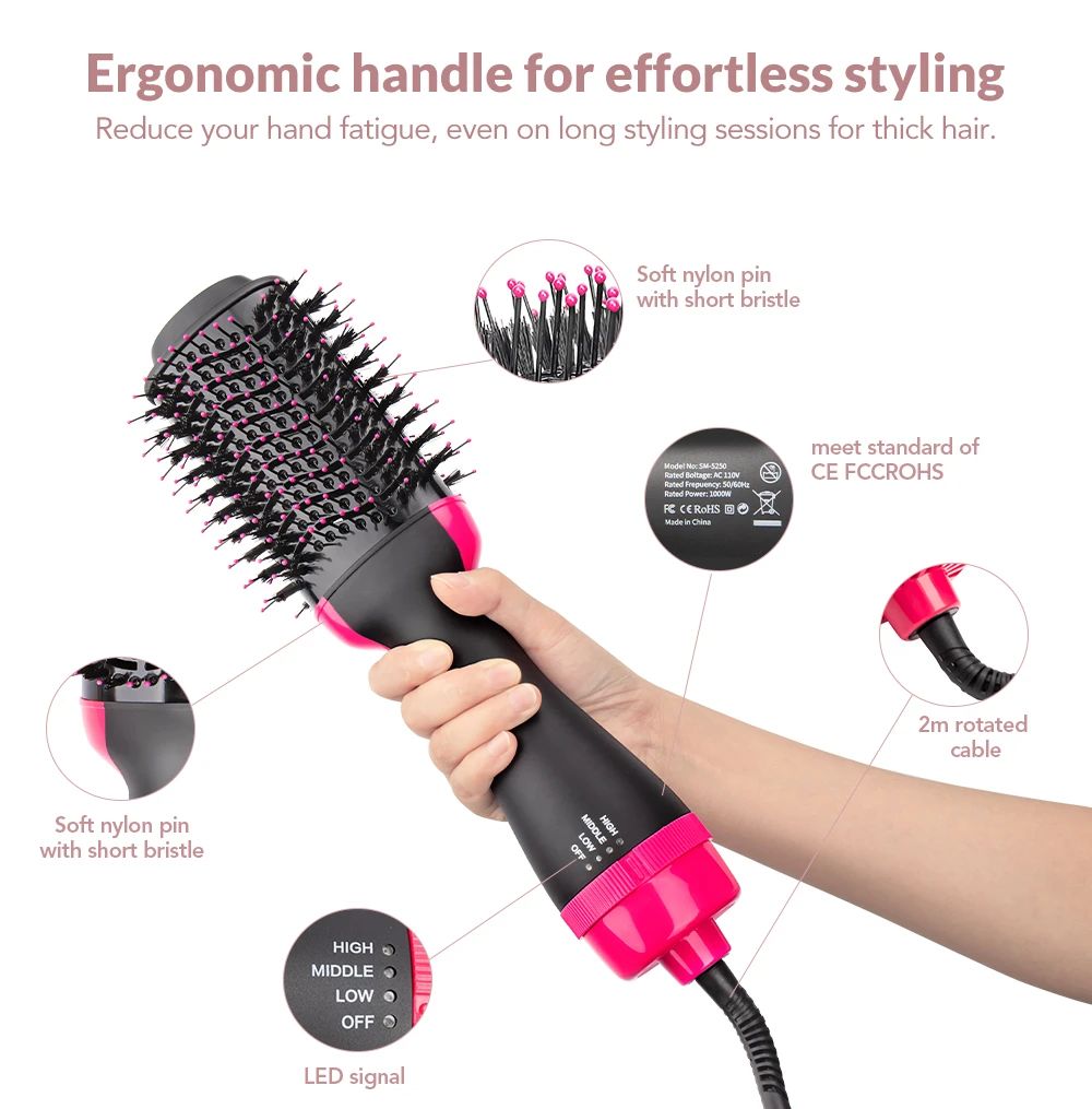 Hot Air Brush Multi-Function Hair Dryer Straightener Curler Comb.